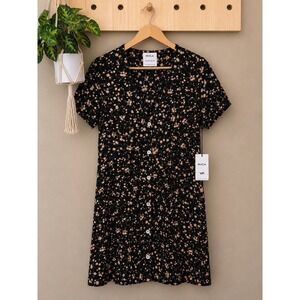 RVCA Understated Black Floral Button Front Mini Dress Smocked Back Size Medium